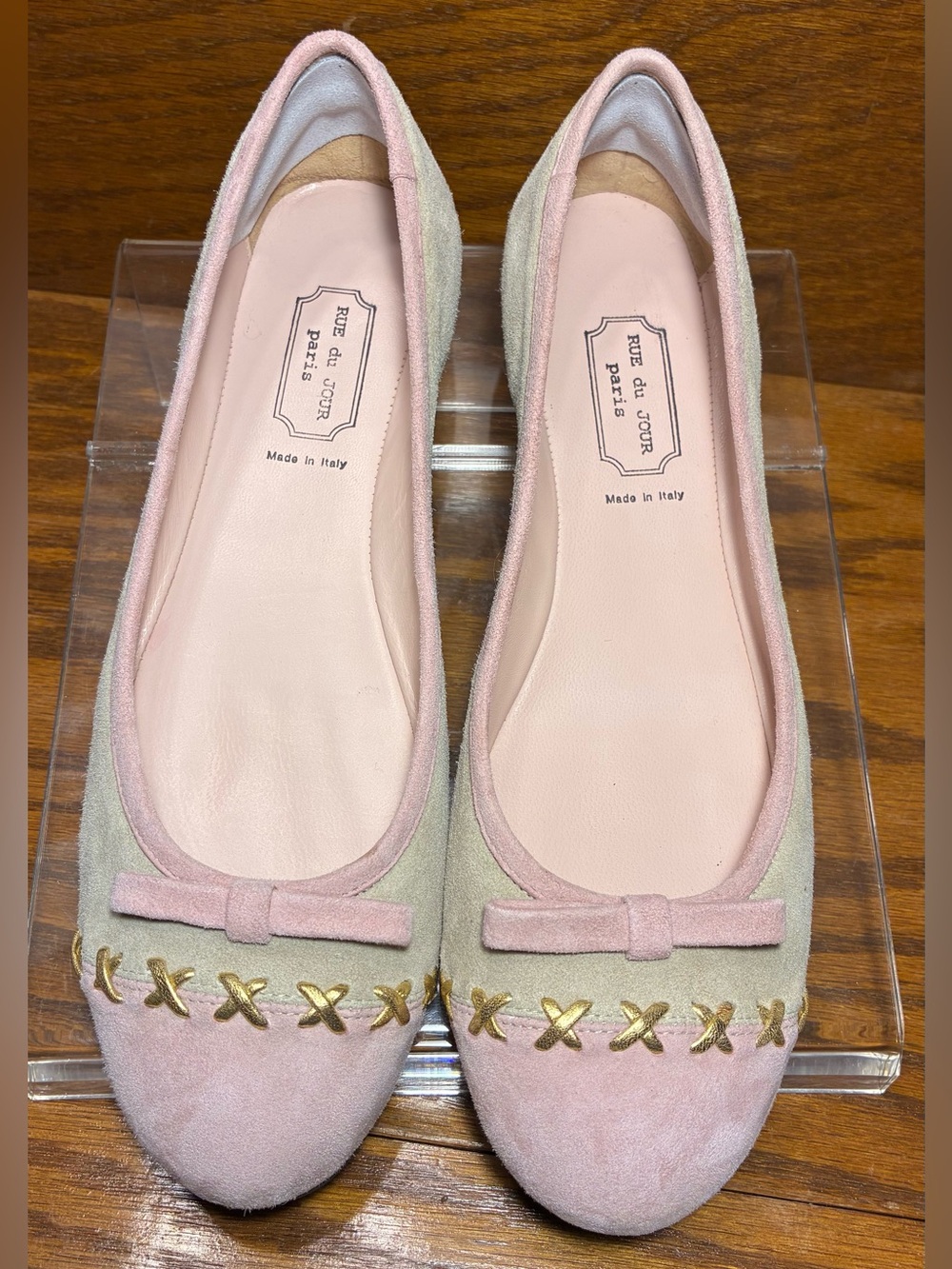 Rue du Jour Paris ITALIAN Pink Gray Suede Gold Accent Bow Ballet Flats EU38 US 8
